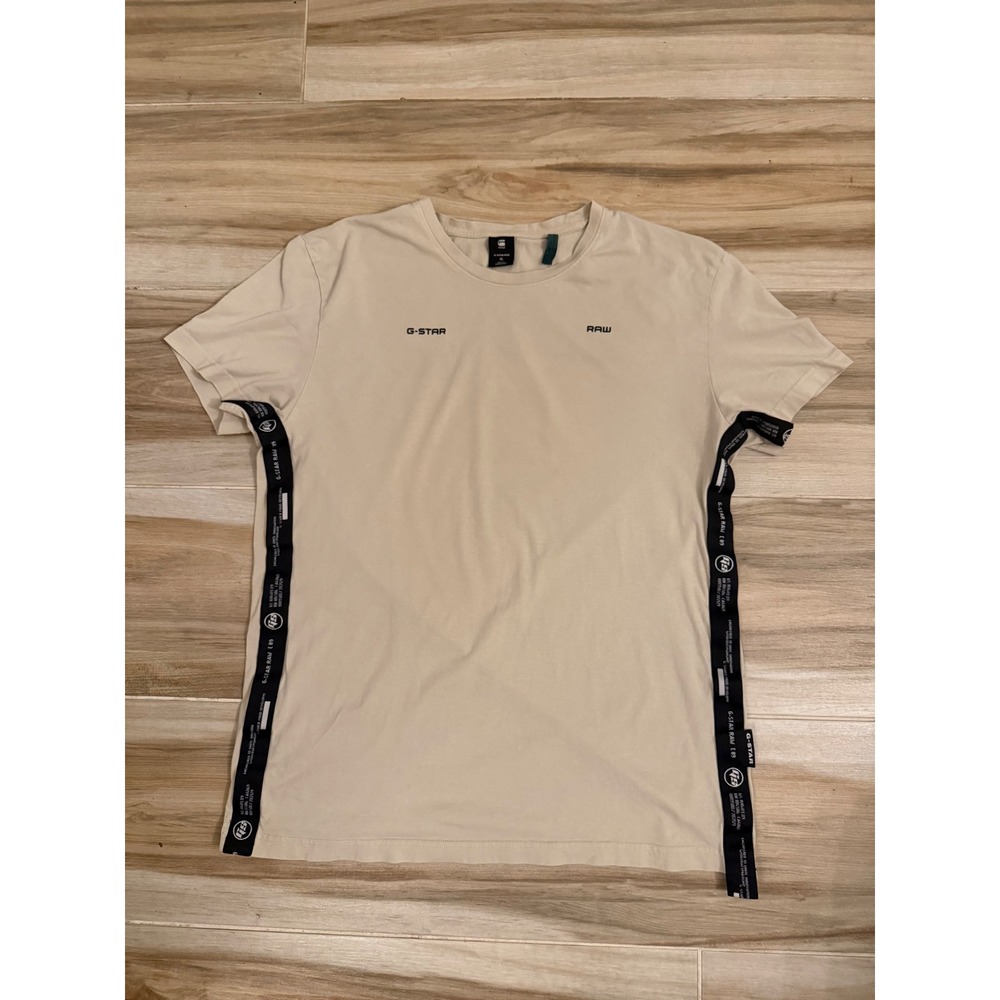 G-Star Raw Mens XL Beige Tan Side Logo Tape Sustainable Crew Neck T-Shirt E‎ 89